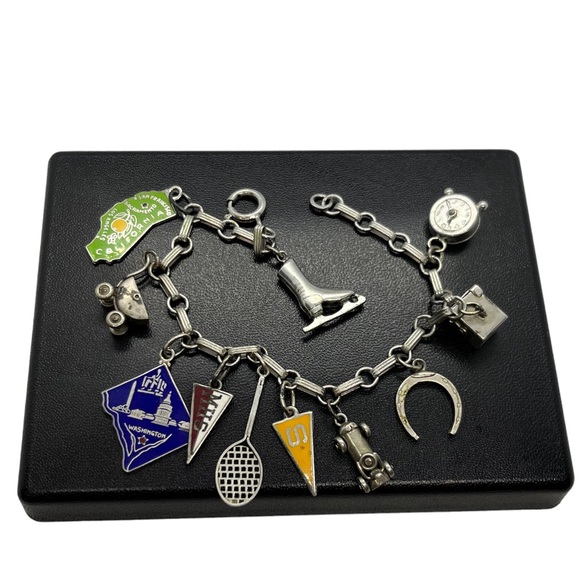 Vintage sterling silver charm bracelet enamel 11 charms some movable - Picture 8 of 16